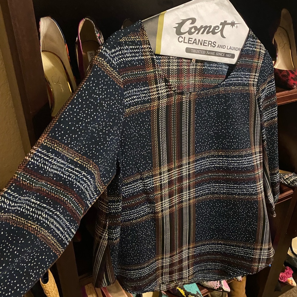Brown and grey plaid print blouse